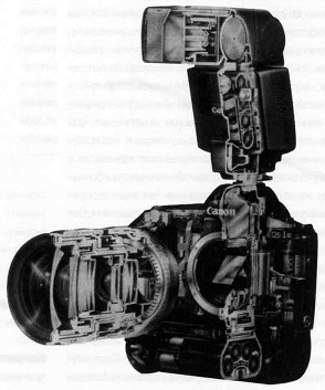 Разрез автофокусной плёночной зеркальной фотокамеры с установленными мотором и вспышкой.